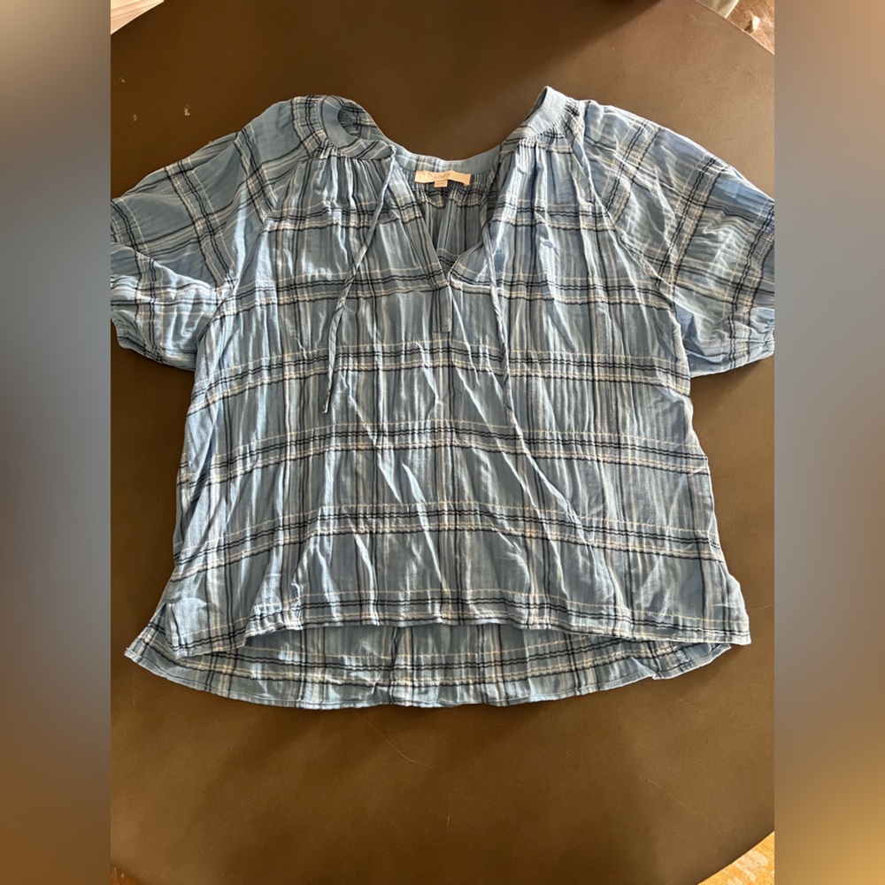 LOFT Women’s Blue Plaid Short Sleeve Blouse, size XXL